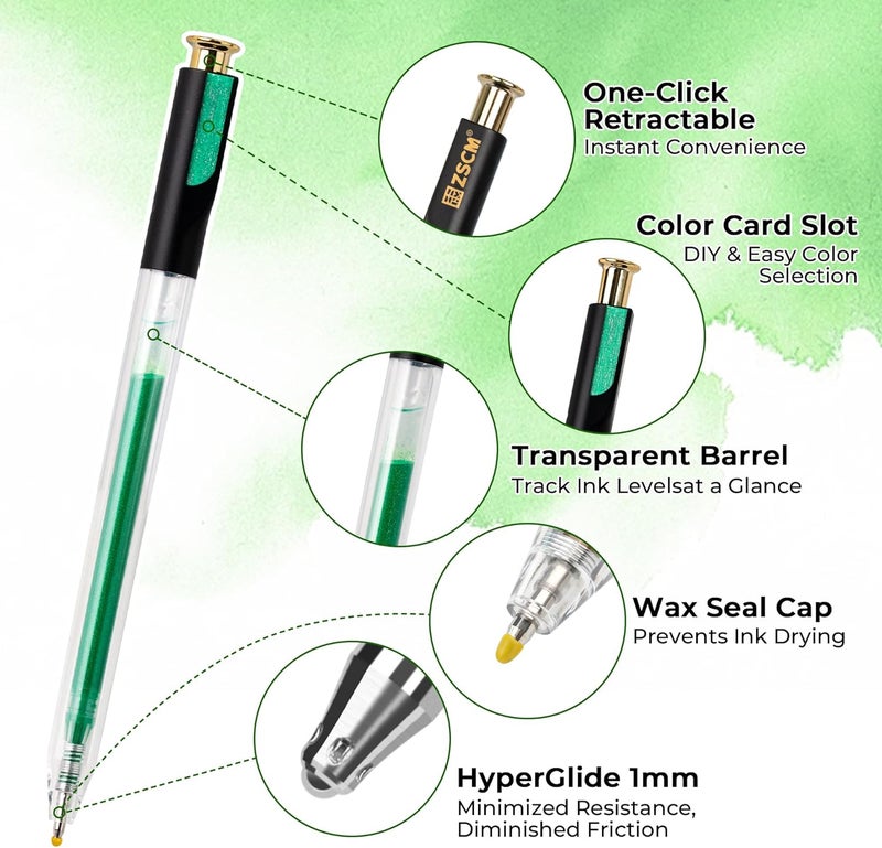 ZSCM Retractable Glitter Gel Pens, 12 Colors Large Capacity Green Glitter Metallic Gel Ink Pen, 1 mm Fine Point Smooth Writing Color Pens for Adult Coloring Book Note Taking Aesthetic Art Supplies - Image 2